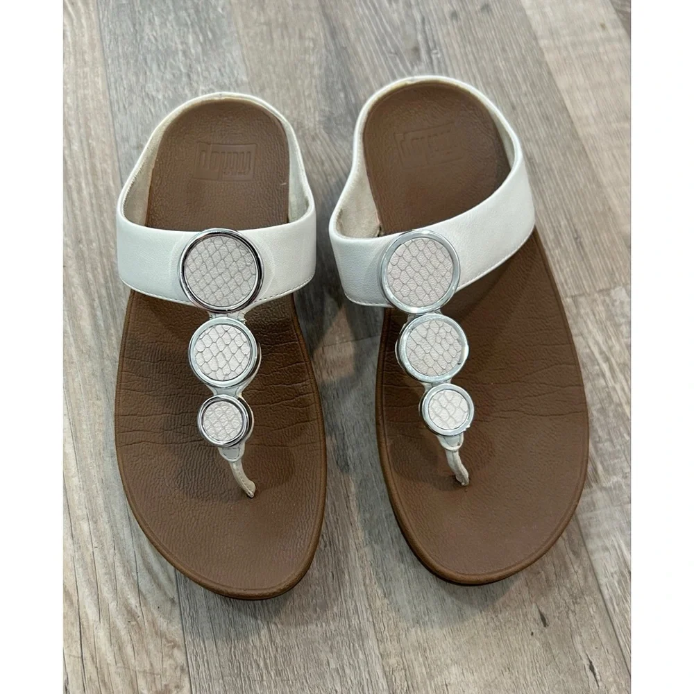 FitFlop Women's Halo Metallic Trim Toe Post Sandals Cream Size 7 Platform - Picture 4 of 7